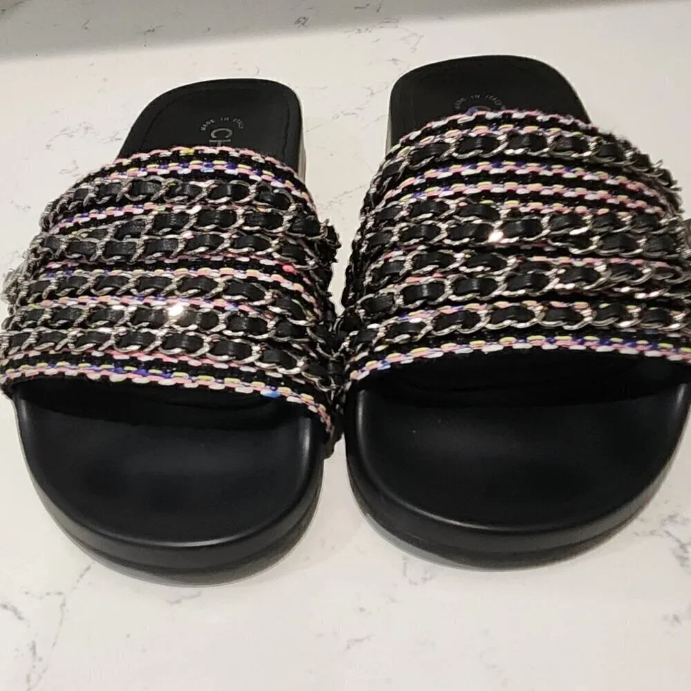 Chanel Leather & Tweed Black Slides, Authentic